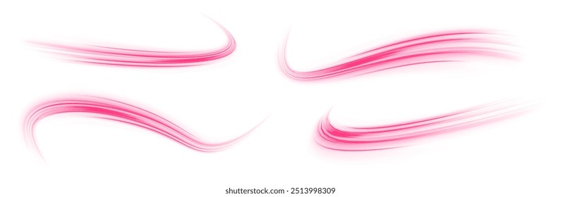 Set of neon speed lines on transparent background PNG. Purple glowing wave swirl, impulse cable lines.	