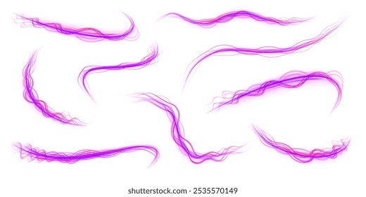 Set of neon speed lines on transparent background PNG. Abstract vector fire circles, sparkling swirls and energy light spiral frames. Speed connection vector background. Vector png swirl trail effect.