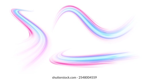 Set of neon speed lines on transparent background PNG. Abstract vector fire circles, sparkling swirls and energy light spiral frames. Speed connection vector background. Vector png swirl trail effect.