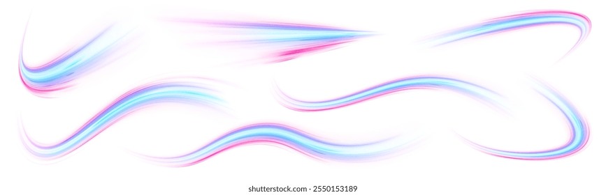 Set of neon speed lines on transparent background PNG. Abstract vector fire circles, sparkling swirls and energy light spiral frames. Speed connection vector background. Vector png swirl trail effect.
