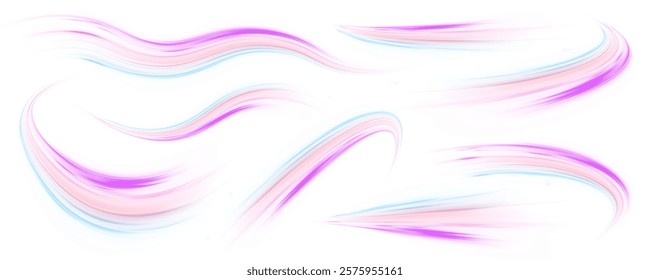 Set of neon speed lines on transparent background PNG. Vector set of lines with a swirl effect on an isolated background in PNG format.	
