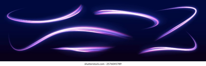 Set of neon speed lines on transparent background. Explosion in universe. Speed connection vector background.	