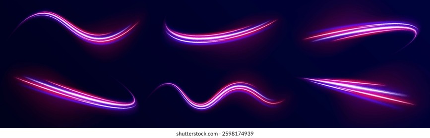 Set of neon speed lines on transparent background. Abstract vector fire circles, sparkling swirls and energy light spiral frames. Light motion effect, slow shutter of traffic.
