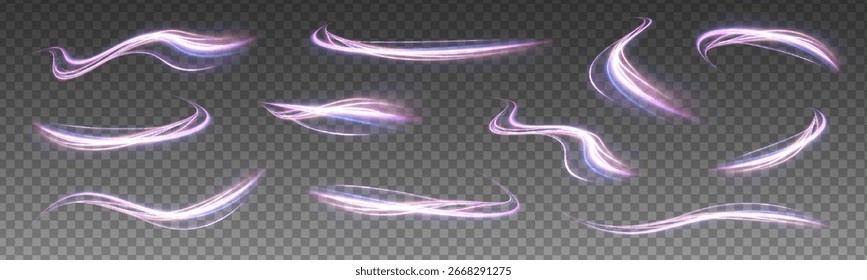 Conjunto de linhas de velocidade neon em fundo transparente. Explosão no universo. Plano de fundo do vetor de conexão de velocidade.	
