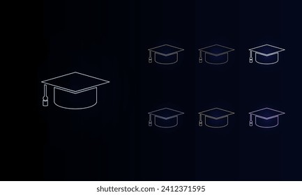 A set of neon square academic cap symbols. Set of different color symbols, faint neon glow. Vector illustration on black background