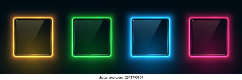 Set of neon square frames with glass. Glowing gradient borders, colorful night banners isolated on dark background. Vector 3d illustration.