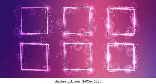 Set of neon square frames with shining effects and sparkles on purple background. Empty glowing techno backdrop. Vector illustration