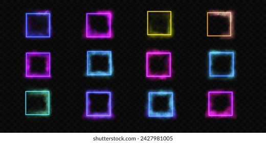 Set of neon square portals. Design elements. Various glowing laser frames with colorful haze on transparent backdrop