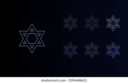 A set of neon star of David symbols. Set of different color symbols, faint neon glow. Vector illustration on black background