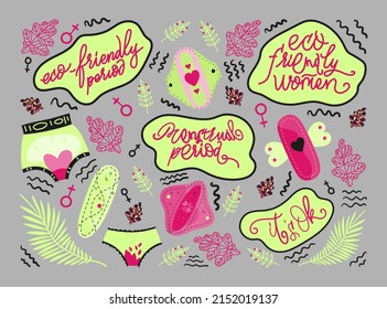 Set of neon stickers feminine hygiene concept of conscious consumption. Illustrations of ecological women's reusable accessories for the menstrual cycle.