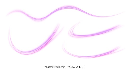 Set of neon stripes in the form of drills, turns and curls. Light trail wave, fire path trace line, car lights, optic fiber and incandescence curve twirl.	