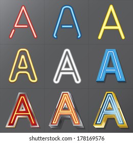 Set of Neon Style Alphabet A, Eps 10 Vector, Editable for Any Background, No Clipping Masks