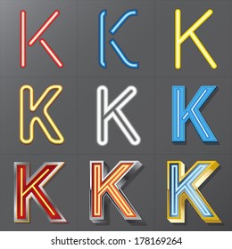 Set of Neon Style Alphabet K, Eps 10 Vector, Editable for Any Background, No Clipping Masks