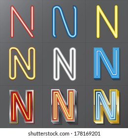 Set of Neon Style Alphabet N, Eps 10 Vector, Editable for Any Background, No Clipping Masks
