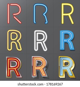 Set of Neon Style Alphabet R, Eps 10 Vector, Editable for Any Background, No Clipping Masks