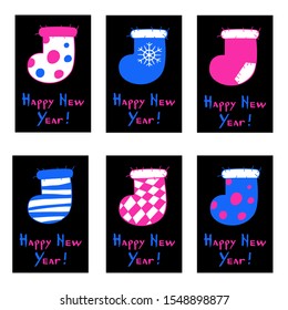 Set of neon style greeting cards. Pink and violet fluorescent Christmas stockings on a black background. Happy New Year calligraphy. Vector illustration of winter symbols.