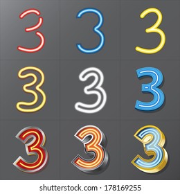 Set of Neon Style Number 3, Eps 10 Vector, Editable for Any Background, No Clipping Masks