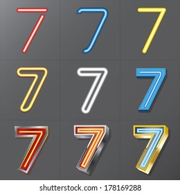 Set of Neon Style Number 7, Eps 10 Vector, Editable for Any Background, No Clipping Masks