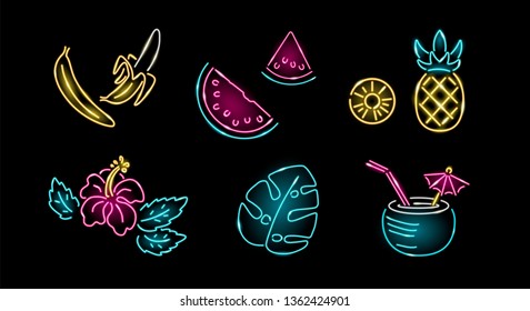 Set of neon summer icons or logos isolated on black background: banana, watermelon, pineapple, hibiscus, monstera, coconut milk. Exotic, tropical, nature concept. Vector 10 EPS illustration.