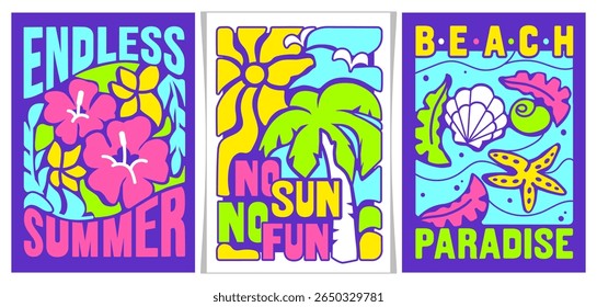 Set of neon summer vacation posters with palm trees, shells, and hibiscus in retro 90s style. Vivid groovy wall art designs. Beach lifestyle graphics
