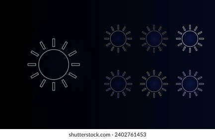 A set of neon suns. Set of different color symbols, faint neon glow. Vector illustration on black background