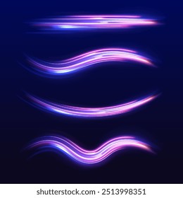 A set of neon swirls with a light effect in the form of a spiral. Vector abstract dynamic dark background. City road car light trails motion background.	