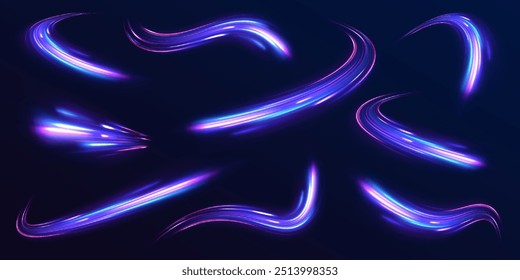Un conjunto de remolinos de neón con un efecto de luz en forma de espiral. Fondo oscuro dinámico abstracto del Vector. La luz del coche de carretera de la ciudad rastros de movimiento de fondo.	