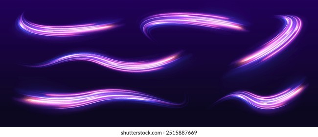 Un conjunto de remolinos de neón con un efecto de luz en forma de espiral. Fondo oscuro dinámico abstracto del Vector. La luz del coche de carretera de la ciudad rastros de movimiento de fondo.	