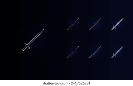 A set of neon sword symbols. Set of different color symbols, faint neon glow. Vector illustration on black background