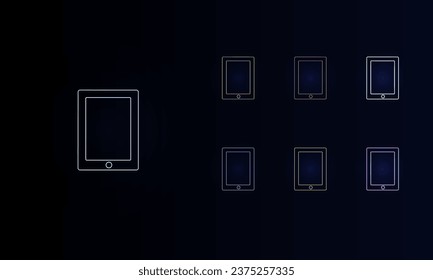 A set of neon tablet symbols. Set of different color symbols, faint neon glow. Vector illustration on black background