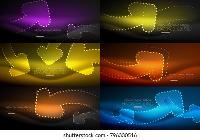Set of neon techno arrows, digital vector abstract backgrounds. Hi-tech business or technology design template