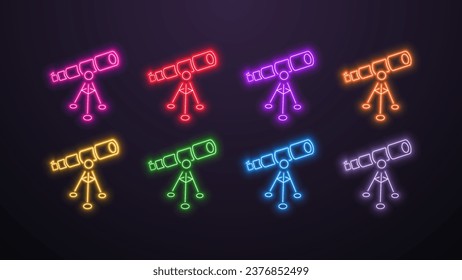 Eine Reihe von Neon-Teleskop-Symbolen in verschiedenen Farben auf dunklem Hintergrund. Logo für Wissenschaft.
