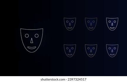 A set of neon theatrical masks. Set of different color symbols, faint neon glow. Vector illustration on black background