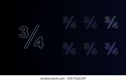 A set of neon three quarters symbols. Set of different color symbols, faint neon glow. Vector illustration on black background