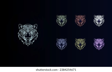 A set of neon tiger head symbols. Set of different color symbols, faint neon glow. Vector illustration on black background