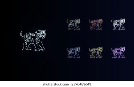 A set of neon tiger symbols. Set of different color symbols, faint neon glow. Vector illustration on black background