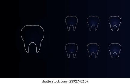 A set of neon tooth symbols. Set of different color symbols, faint neon glow. Vector illustration on black background