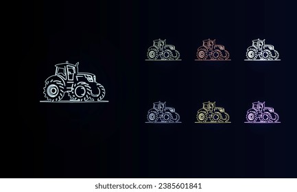 A set of neon tractor symbols. Set of different color symbols, faint neon glow. Vector illustration on black background