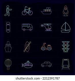 set of neon transport on dark background