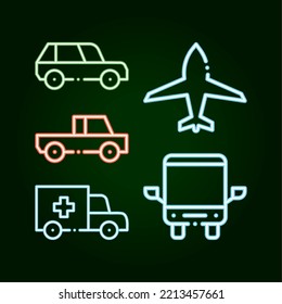 set of neon transport on dark background
