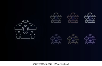 A set of neon treasure chest symbols. Set of different color symbols, faint neon glow. Vector illustration on black background