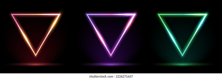 Set of neon triangle sign. Triangle background. Glowing electric abstract frame on dark backdrop. Light banner with glow.Bright vinrage illustration with flares and sparkles. Retrowav, cyberpunk style