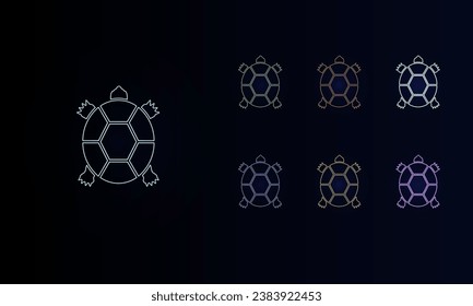 A set of neon turtle symbols. Set of different color symbols, faint neon glow. Vector illustration on black background
