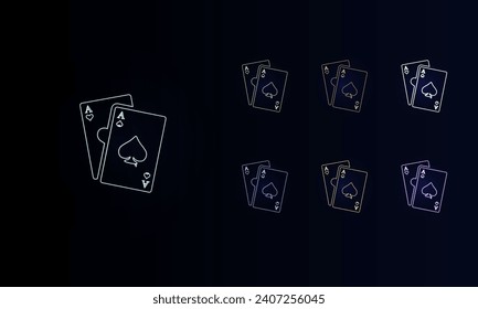 A set of neon two aces symbols. Set of different color symbols, faint neon glow. Vector illustration on black background