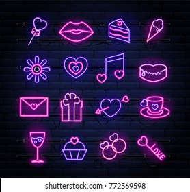 Set of neon Valentines atributes with sparkles. Can be used on flyers, banners, card, projects. Ice cream, cake, lips, lollipop, heart, flower, coffee, gift, key.