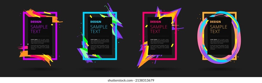 Set of neon vector frames for text and photos. Creative modern art graphics, stylish geometric black background. Elements for design business cards, invitations, gift cards, flyers and brochures