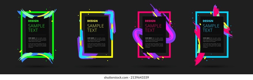 Set of neon vector frames for text and photos. Creative modern art graphics, stylish geometric black background. Elements for design business cards, invitations, gift cards, flyers and brochures