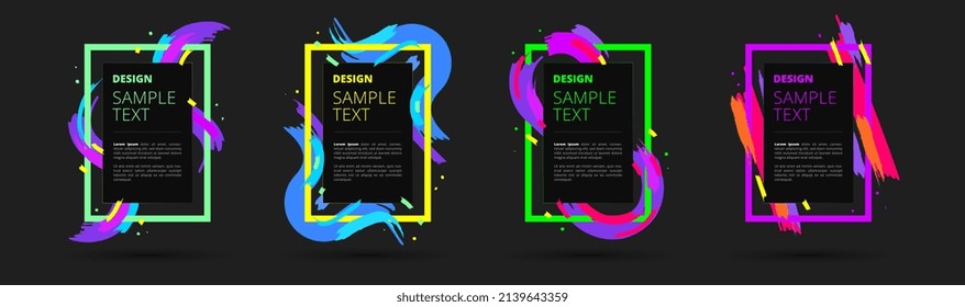 Set of neon vector frames for text and photos. Creative modern art graphics, stylish geometric black background. Elements for design business cards, invitations, gift cards, flyers and brochures