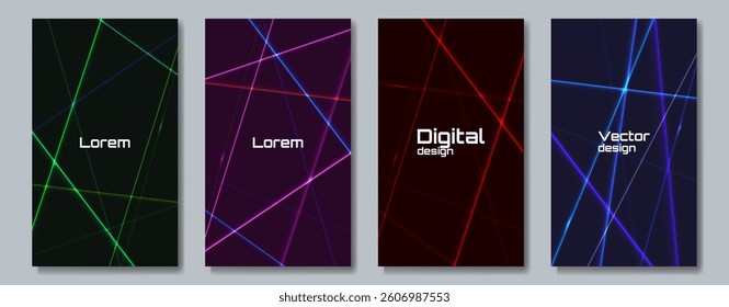 Set of neon vector poster. Dark backdrop with bright neon lines. Design for poster, cover, background, banner, invitation.
