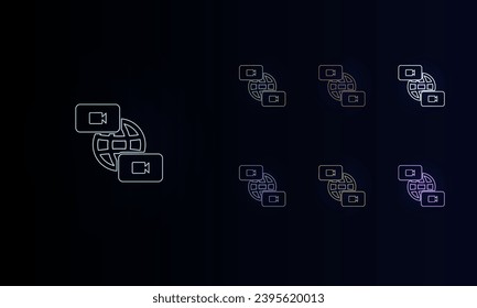 Un conjunto de símbolos de videoconferencia de neón. Conjunto de símbolos de color diferentes, brillo de neón débil. Ilustración del vector sobre fondo negro